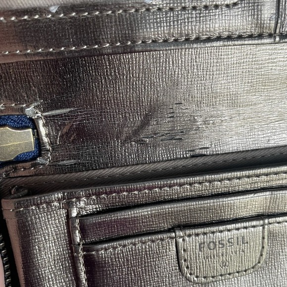 Vintage FOSSIL MEDIUM ZIP AROUND WALLET Gray Blue Geometric Metallic Leather - Picture 5 of 15